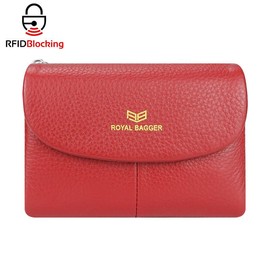Royal Bagger RFID Blocking Women's Short Wallet Genuine Leather Multi-card Slots Card Holder Trifold Purse Magnetic Opening 2063:_Red