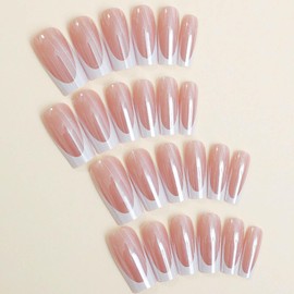 Hkanlre Medium Square Press on Nails Glazed Fake Nails Tips Full Cover False French Pink Nails for Women and Girls 24PCS