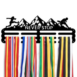 PH PandaHall Climbing Mountains Medal Hanger Never Stop Sports Medal Hanger Display, 3 Lines Metal Medal Holder Wall Mounted Display Iron Hooks for Competition Athlete Gift, 15.8x5.9inch