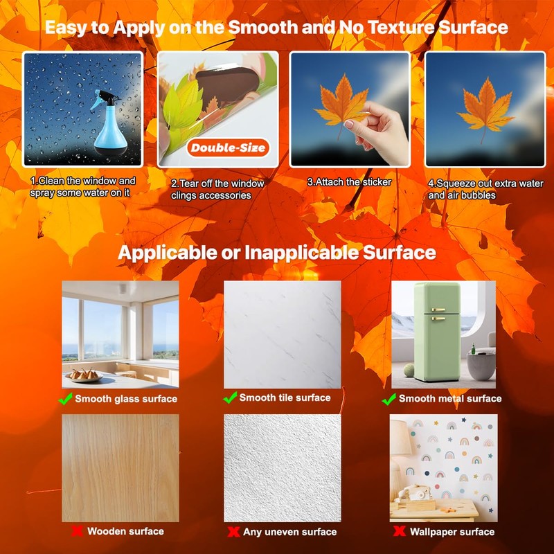 Zindoo 60Pcs Autumn Window Stickers Reusable, 6 Sheet Double Sided