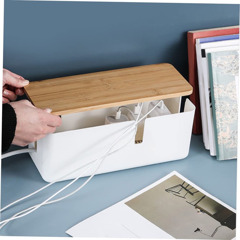 TEHAUX Cable Management Box Bamboo Lid Power Charging Data Cable