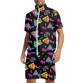 UOUA 80s Outfit for Men 90s Color Block Costumes 2 Piece Retro Short Sleeve Jacket & Shorts Set for Party BlackPrint M