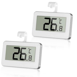Digital Fridge Thermometer, 2 Pcs Mini Waterproof Freezer Thermometer Monitors with Read LCD Display & Hanging Hook & Adjustable Stand for Refrigerator (Celsius/Fahrenheit Switchable)