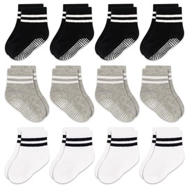 Calcetines antideslizantes para bebés pequeños, 12 pares de calcetines para recién nacidos con agarre para niños pequeños, calcetines antideslizantes para niños de 0 a 7 años, #2 Black+Light
