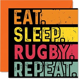 Birthday Card Funny for Her or Him - Eat, Sleep, Rugby, Repeat - Happy Birthday Cards for Sport Game Lovers Gifts, 145mm x 145mm Birthday Greeting Cards for All Occasions Kids or Adult