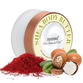 Nyassa Shea Body Butter 100gm. Saffron and Shea Butter which is filled with the goodness of Vitamin A and E and great for dry skin. Natural product. No Parabens. No Silicons.Vegetarian. Cruelty Free