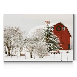 Renditions Gallery Canvas Nature Wall Art Home Paintings & Prints Snow Covered Covered Red Barn Modern Winter Festival Wall Hanging Decorations for Bedroom Office Kitchen - 8"x12" LT20