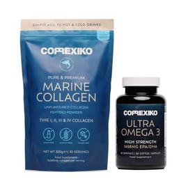 CORREXIKO CORREXIKO Marine Collagen Powder & Ultra Omega 3 Supplement Bundle - 10,000mg Double Hydrolysed Collagen Peptides Per Serving & High Strength Omega 3 Capsules - for Hair, Skin & Nails - 30 Day Supply