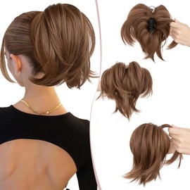SEGO Pro Claw Clip Short Ponytail Hair Extensions Messy Bun Hair Piece Pony Tails Hair Extensions with Bendable Metal Wire Hair Pieces DIY Style 12 Caramel Brown 8 Inch