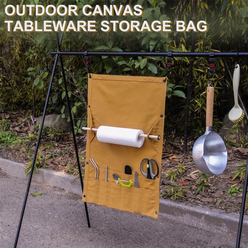 Outdoor Camping Tableware Storage Bag Portable Hanging Canvas Utensil Tissue