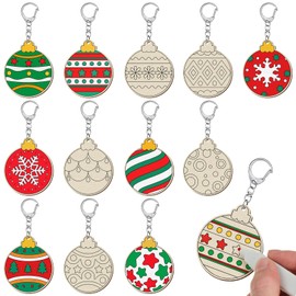 Trnayi 36 Pcs Christmas Ball Crafts Wooden Color Your Own Keychains Unfinished Slices Keychain for Christmas Party Favors Painting DIY Arts Crafts Project Decoration Family Holiday Project