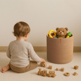 VOLIRIN & KAMMV Round Wicker Jute Storage Basket (Natural, Medium)