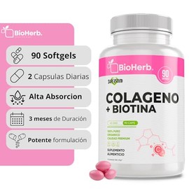 BioHerb® | Colágeno + Biotina en Softgels | Fórmula de Alta Concentración | 90 Cápsulas Blandas | Suplemento Alimenticio | Suministro para 3 Meses