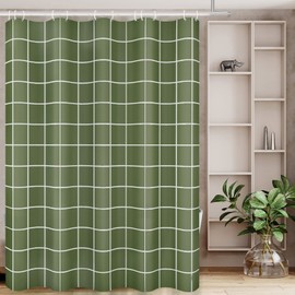 Tititex Net Olive Green Grid Plaid Minimalist Shower Curtain, White Line Simple Modern Shower Curtain Sets Decoration 71x71 Inch with Hooks