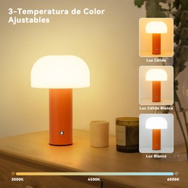 KUAEAY Lámpara de Mesa Hongo Inalámbricas, Lampara de Noche Recargable Táctil,3 Niveles de Brillo, impermeable, Luz de Escritorio Minimalista Portátil para Recamara,Restaurante,Sala (Naranja)