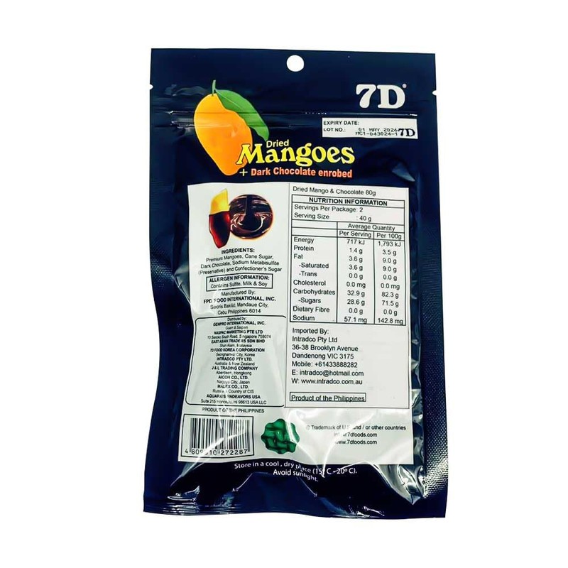 7D Dried Mangoes Dark Chocolate enrobed - 2.8oz (80g) bag