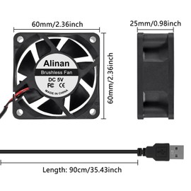 Alinan 4pcs 6025 60mm x 25mm 5V USB Dual Ball Bearings Brushless Fan 2Pin DC Cooling Exhaust Fan for Radiator DIY Air Exhaust Vent Cooling