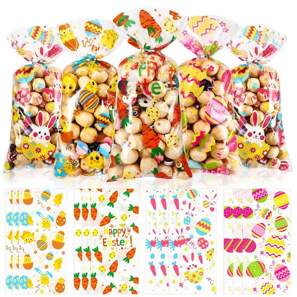 Blulu 100 Pcs Easter Treat Bags Easter Candy Bags Easter Goodie Bags Easter Egg Bunny Chick Carrot Clear Easter Cellophane Gift Bags with 100 Silver Twist Ties for Easter Party Supplies, 4 Style