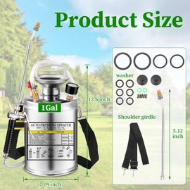Kweetle 1Gal Stainless Steel Pump Up Sprayer Reinforced Hose, Hand Pump Sprayer with Pressure Gauge&Safety Valve, Adjustable Nozzle Suitable for Gardening (1 Gallon)