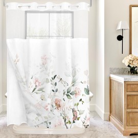 Tititex No Hooks Snap in Liner Aesthetic Blooming White Flowers Pink Bird Shower Curtain Sets, Hotel Luxury Double Layers Waterproof Fabric & See-Through Top Window Bathroom Decorative 60x72 Inch