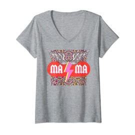 Womens MaMa Lightning-Bolt Wings Leopard-Print Vintage Distressed V-Neck T-Shirt