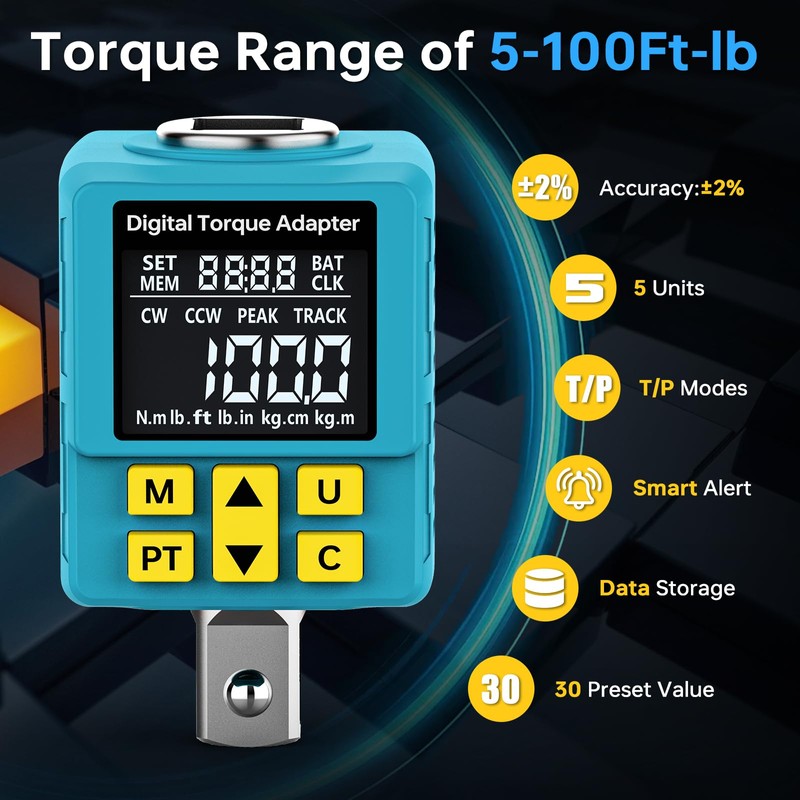 Upgrade 1/2" Digital Torque Adapter, (±1% Accuracy, 5-100Ft-lb), Precision Digital
