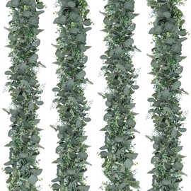 SOMYTING Artificial Mixed Eucalyptus Leaves Garland 6FT Faux Silver Dollar Eucalyptus with White Seeds Greenery Vines for Wedding Arch Backdrop Table Mantel Christmas Indoor Outdoor Decor (4pcs)