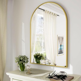 VooBang Arched Wall Mirror, 38 x 26 inch Arch Bathroom Mirror, Wall Mounted Vanity Mirror with Arch Metal Frame, Modern Bathroom Vanity Mirror for Bedroom, Living Room, Hanging or Leaning, Gold