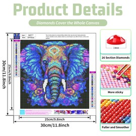 Elephant Diamond Painting Kits for Adults Beginners 5D DIY Colorful Elephant Diamond Art Kits Round Full Drill Gem Art for Home Wall Decor Gift 14x14inch