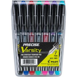 PILOT PILOT Pen 90029 Precise Varsity Pre-Filled Fountain Pens, Medium Point Stainless Steel Nib, Black/Blue/Red/Pink/Green/Purple/Turquoise, 7-Pack Pouch