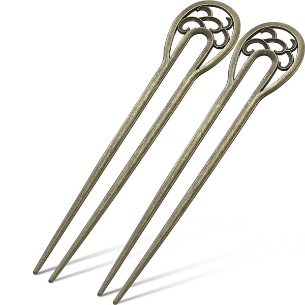 2 Pieces Nordic Classical Metal U Shaped Hairpin Vintage Hair Sticks Hair Fork Pins 2 Prong Updo Chignon Pins Hair Accessory for Women Girls Hairstyles (Bronze)