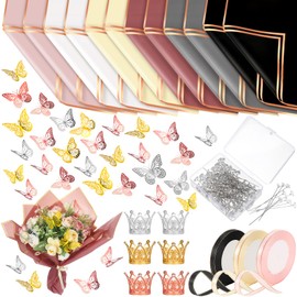 Qilery Qilery 243 Pcs Flower Bouquet Wrapping Paper Waterproof Floral Wrapping Paper Florist Supplies with Butterfly Decoration Crowns Ribbons Bouquet Pin Glue for DIY Craft (Stylish Color)