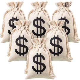 Boao 24 Piece Canvas Money Bag Pouch with Drawstring Closure and Dollar Sign Symbol Money Sacks for Toy Birthday Party Favors, Costume Props Pirate Bank Robber Cowboy Cosplay, 4.2 x 7.2 Inches