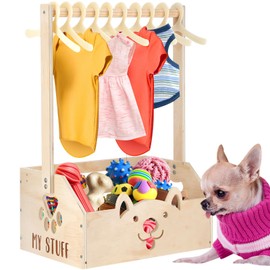 Chunful Dog Closet Wooden Pet Wardrobe Closet Dog Toy Storage Bin with Handle Pet Clothes Rack for Cat Organization and Storage Accessories, 19" x 13" x 9"