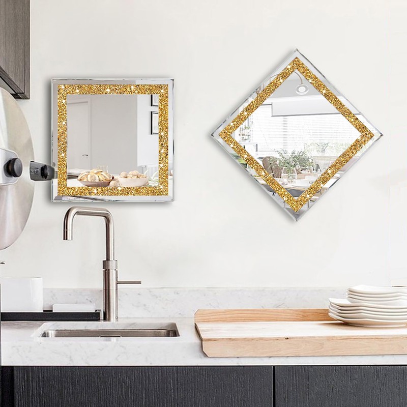 ZOLAPI 2PCS Crystal Rhinestone Diamond Wall Mirror.Brilliant Hand-Spliced Glass Mirror.Gold