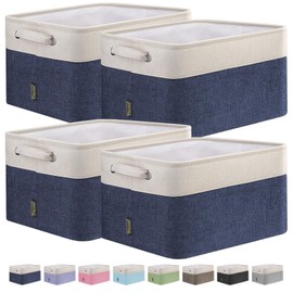 BALEINE 4 Pack Fabric Storage Bins for Shelves, Linen Storage Baskets for Organizing, Decorative Closet Bins for Clothes, Home (Navy Blue, 12"x8"x8")