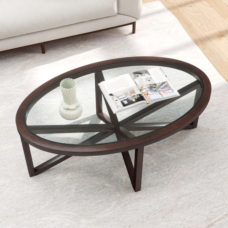 Polibi Modern Oval Glass Coffee Table, Solid Wood Base Tempered