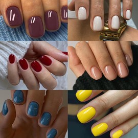 6 Packs（144 Pcs）Short Press on Nails Sqaure Fake Nails Full Cover False Nails Solid Color Glossy Acrylic Glue on Nails Stick on Nails Reusable Artificial Nails for Women Girls Manicure