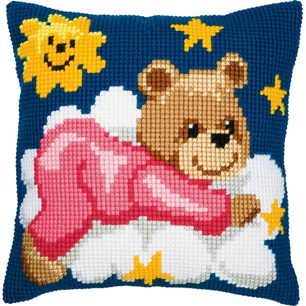 Vervaco Pink Teddy Cross Stitch Cushion, Multi-Colour