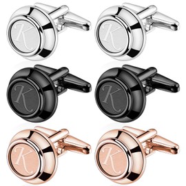 AMITER Mens Cufflinks with Initial A-Z, Classic 26 Letters Cuff Links for Men Business Wedding Shirts - 3 Pairs (Silver + Black + Rose Gold)
