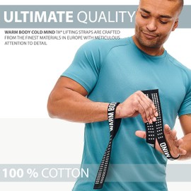 WARM BODY COLD MIND V1 Lifting Wrist Straps for Olympic Weightlifting - Rated at 660 lb - Hand Wraps for Powerlifting, Weight Lifting, Bodybuilding Functional/Cross Training, Deadlift Gym Bar, Cotton (Black/White)