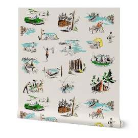 Peel & Stick Wallpaper 9ft x 2ft - Retro Mid Century Vintage Vacation Up North Wisconsin Travel 1960S Lake Holiday Cabin Woods Camping Custom Removable Wallpaper by Spoonflower