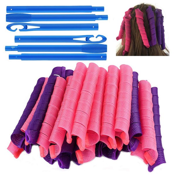 Pack of 40 Hair Rollers Spiral Curls, DIY Curlers Overnight No Heat with Styling Hooks, Curlers Rollers, Hair Styling Tools for Women (Purple and Pink, 55 cm)