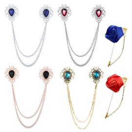 6 Pcs Long Chain Brooch, Rhinestones Lapel Pins and Flower Pin Brooch, Vintage Tassel Brooch Pins Collar Pin Blouse Shirt Collar Sweater Clips Tip Pin Suit Accessories for Men Women