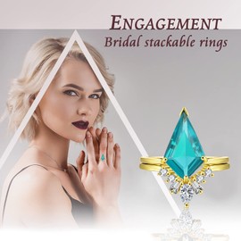 LAZLUVU Women Stackable Rings Set Mint Green Stone Crystal Ring Gold Plated Eternity Engagement CZ Rings for Women Christmas Jewelry Gift Size 8