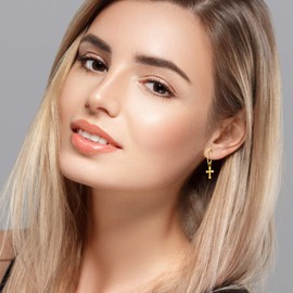 Cupimatch 4 Pairs Women Men Stainless Steel Clip Hinged Hoop Earrings Set with Cross Dangle, Silver Black Gold Rosegold