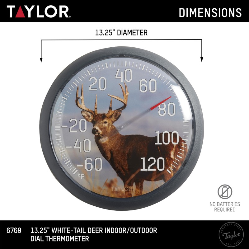 Taylor White Tail Deer Large Indoor Outdoor Dial Thermometer, Wireless