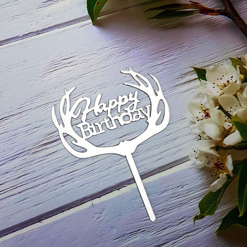Decoración para tarta de cumpleaños de Antlers (acrílico plateado espejo)