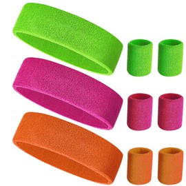 Esteopt 9 Pieces Neon Sweatband Set, 3 Colors Sports Sweatbands, 80s Vintage Sports Headband Wristband for Running, Cycling, Carnival, Costumes, Decoration