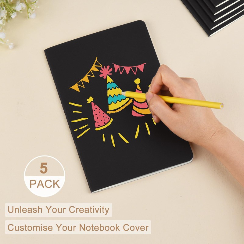 ZCZN A5 Blank Notebooks – 5 Pack, Black Kraft Cover
